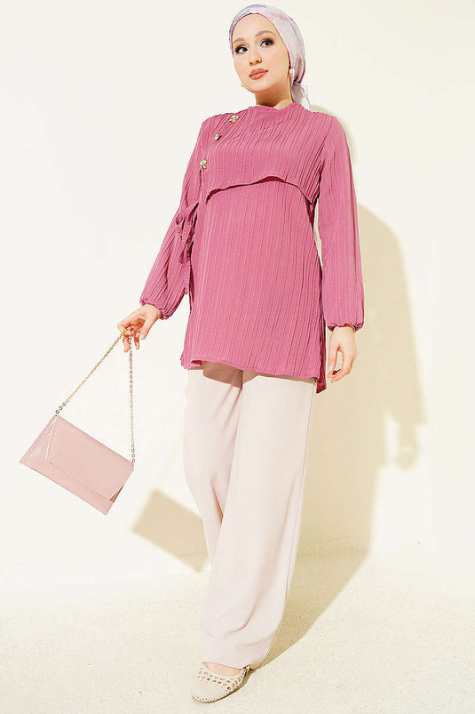 Roze Tuniek Met Goudversiering En Strikdetail
