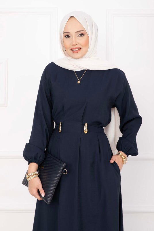 Gold Brooch Waist Detail Modest Dress Navy Blue