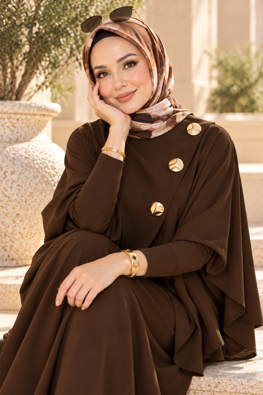 طقم قطعتين مزين بدبوس ذهبي وتصميم غير متماثل باللون البني
