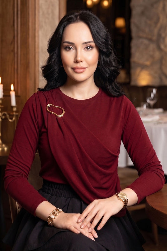 Gold Broş Detaylı Sandy Body Bordo