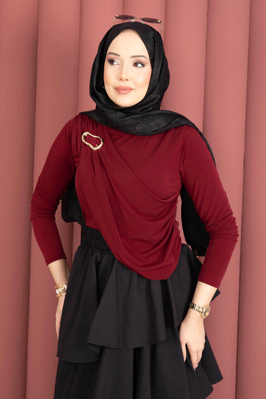 Gold Broş Detaylı Sandy Body Bordo