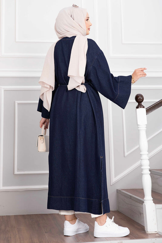 Kimono En Jean Long Marine Avec Broche En Or Et Détail À Nouer