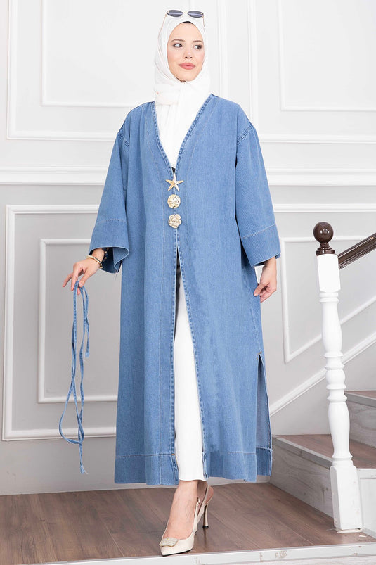 Long Denim Kimono With Gold Brooch And Tie Detail In Blue