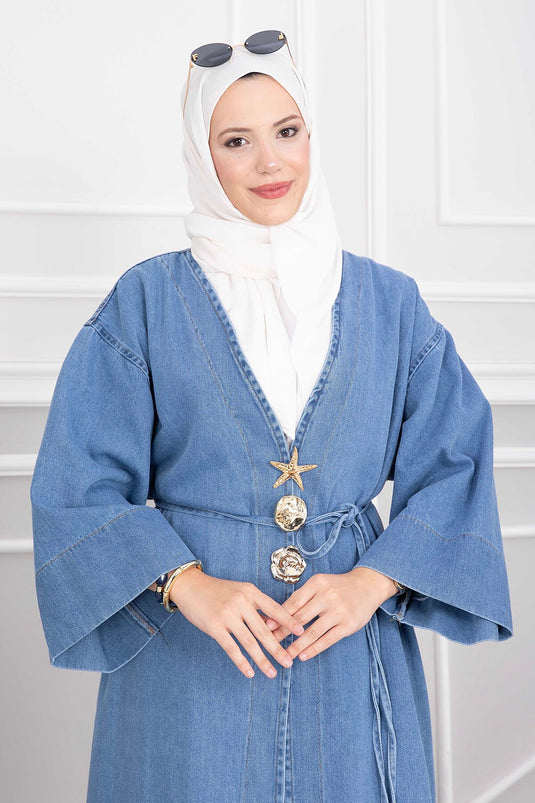 Long Denim Kimono With Gold Brooch And Tie Detail In Blue