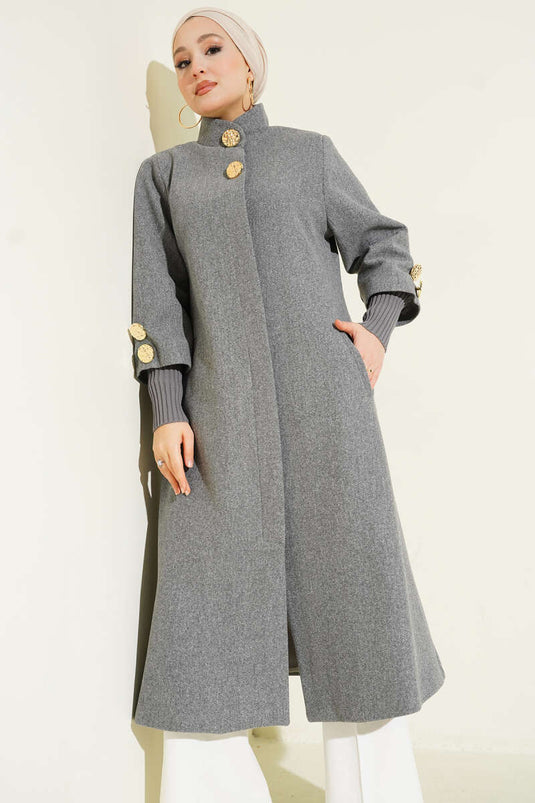 Gray Cashmere Coat with Pockets and Gold Brooch