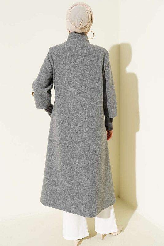 Gray Cashmere Coat with Pockets and Gold Brooch