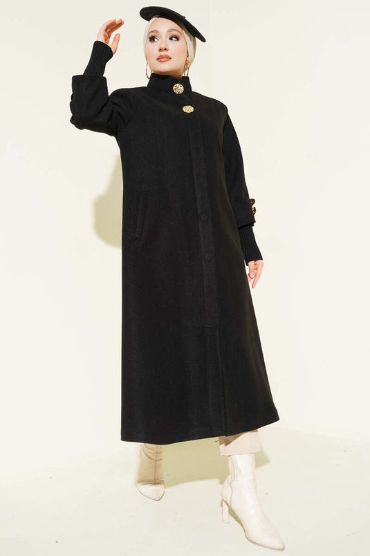 Black Cashmere Coat with Pockets and Gold Brooch