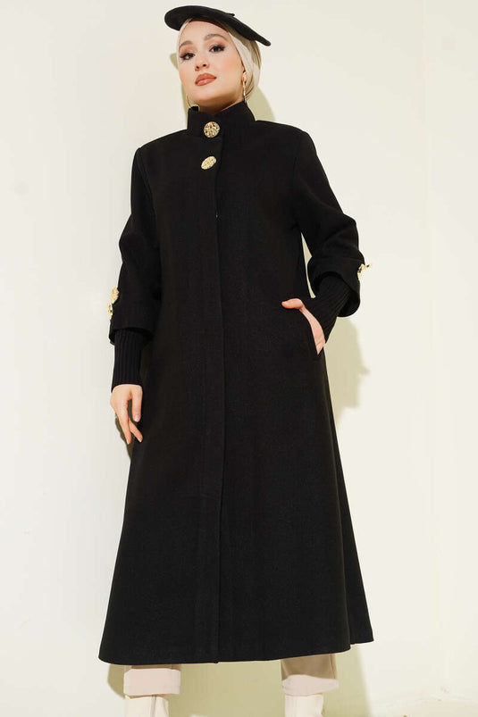 Black Cashmere Coat with Pockets and Gold Brooch