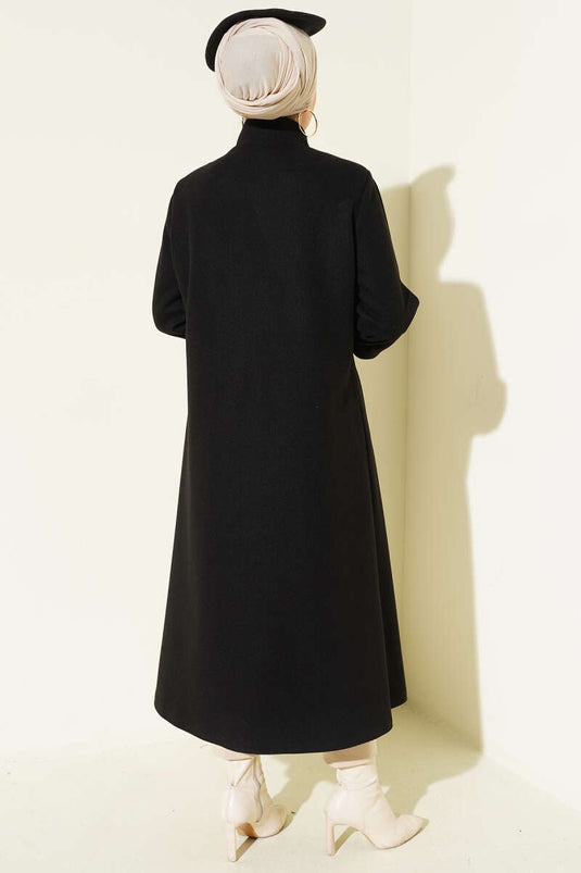 Black Cashmere Coat with Pockets and Gold Brooch