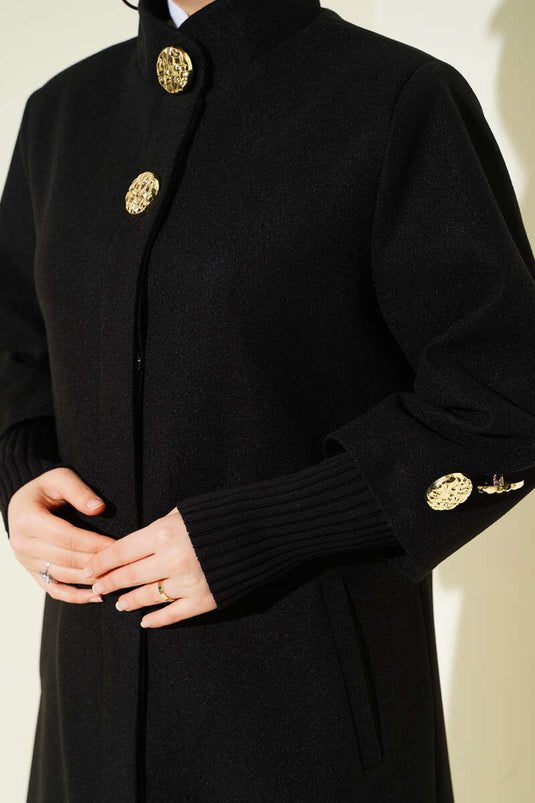 Black Cashmere Coat with Pockets and Gold Brooch