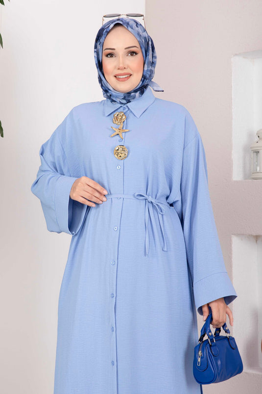 Gold Broşlu Uzun Tunik Pantolon Takım Bebe Mavisi