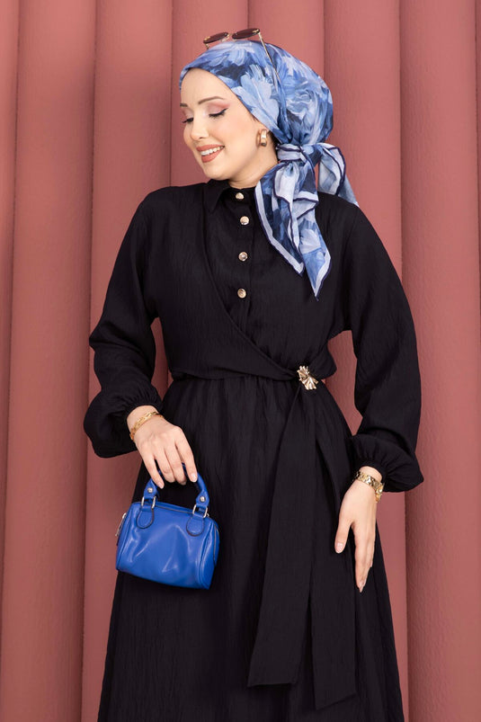 Black Modest Dress with Gold Brooch and Side Tie
