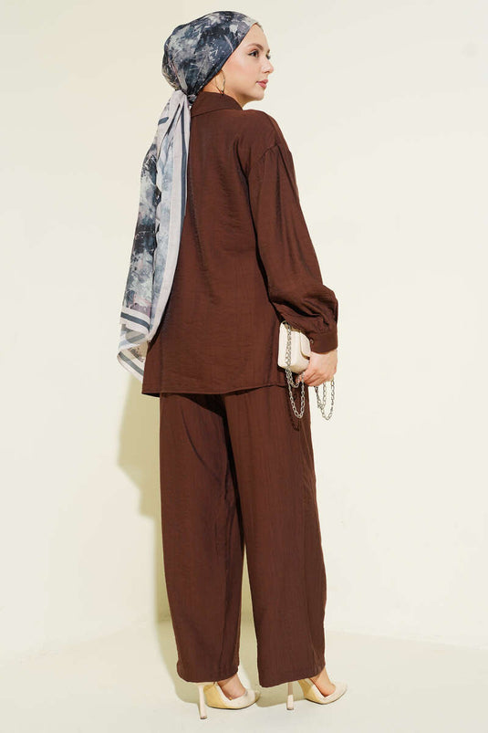 Gold Detaylı İp Bağlamalı İkili Takım Kahve