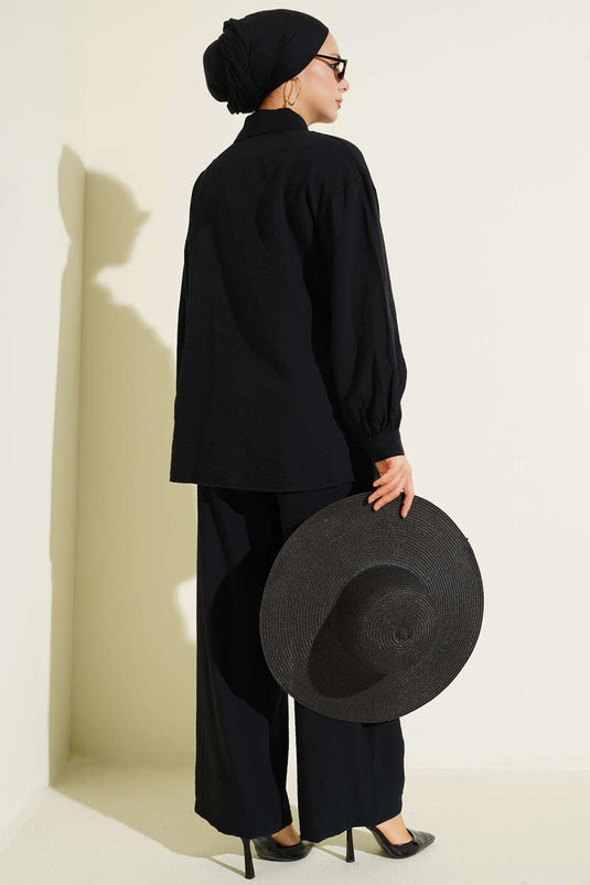 Gold Detaylı İp Bağlamalı İkili Takım Siyah