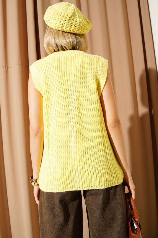 Yellow Knitted Cardigan with Gold Button Detail and Pockets