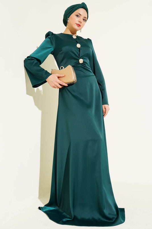 Emerald Satin Evening Dress with Gold Button Detail