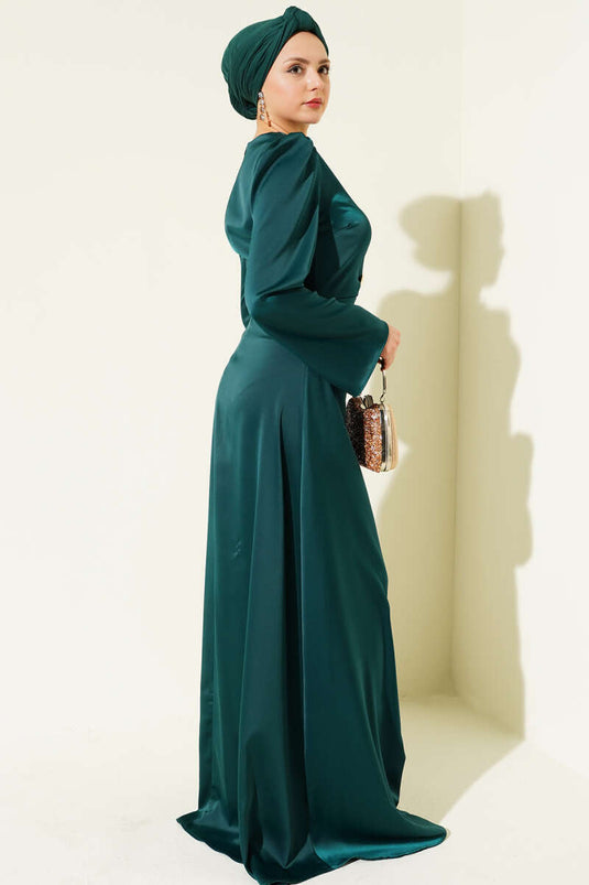 Emerald Satin Evening Dress with Gold Button Detail