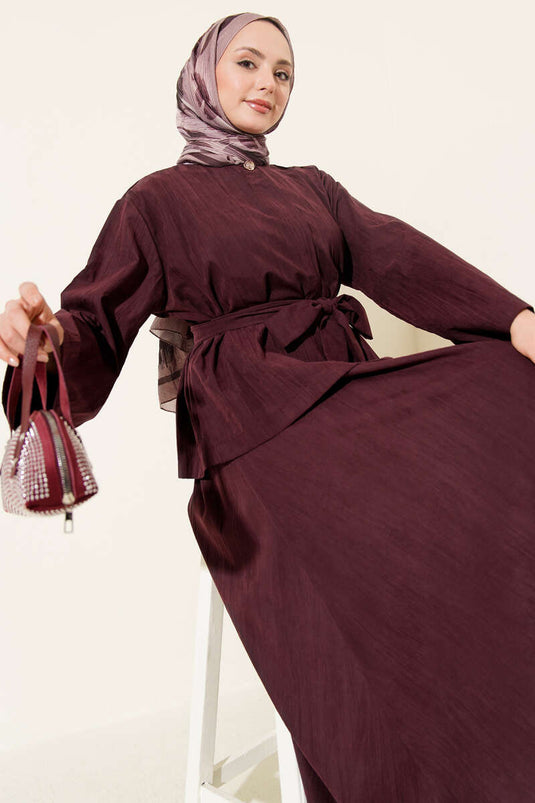 Gold Düğme Detaylı Tensel Etekli İkili Takım Mürdüm