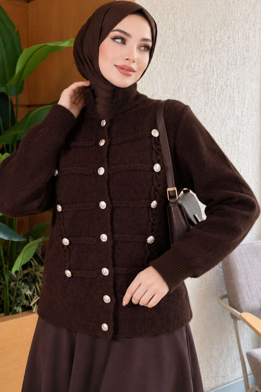 Gold Button Detail Knit Cardigan In Brown