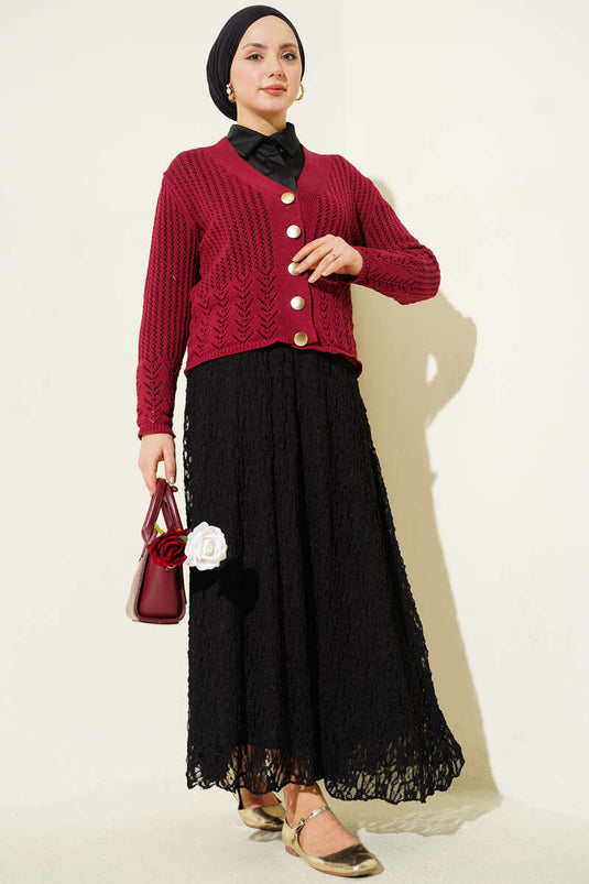 Burgundy Short Knit Cardigan with Gold Buttons and Openwork Design