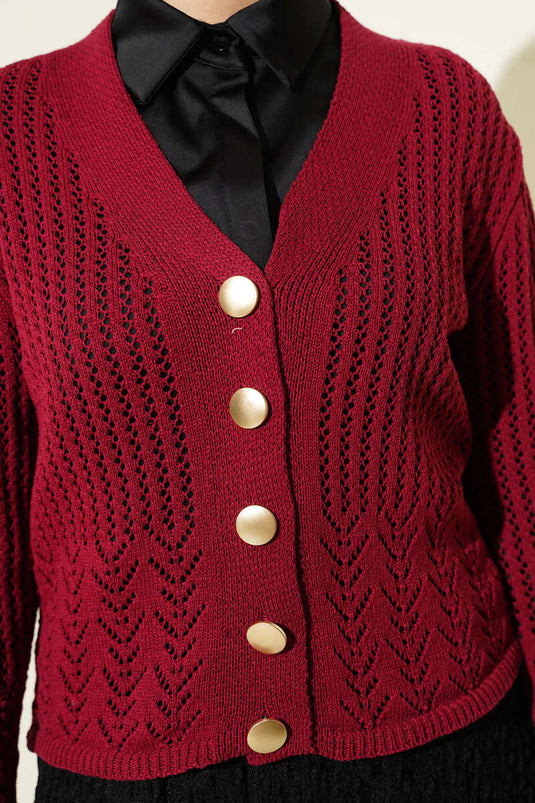 Burgundy Short Knit Cardigan with Gold Buttons and Openwork Design