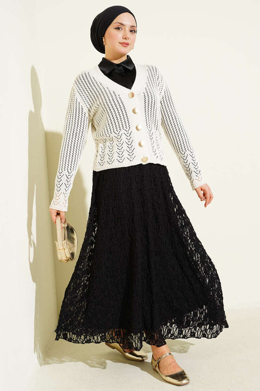 Ivory Short Knit Cardigan with Gold Buttons and Openwork Pattern