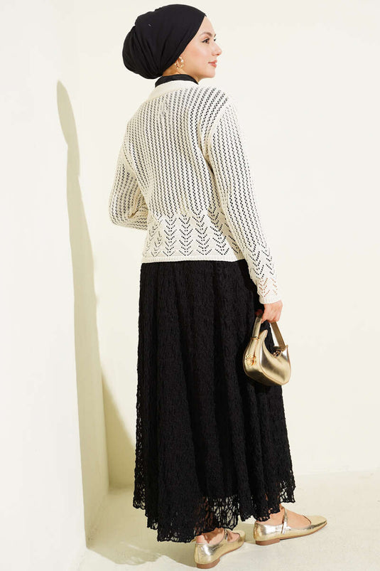 Ivory Short Knit Cardigan with Gold Buttons and Openwork Pattern