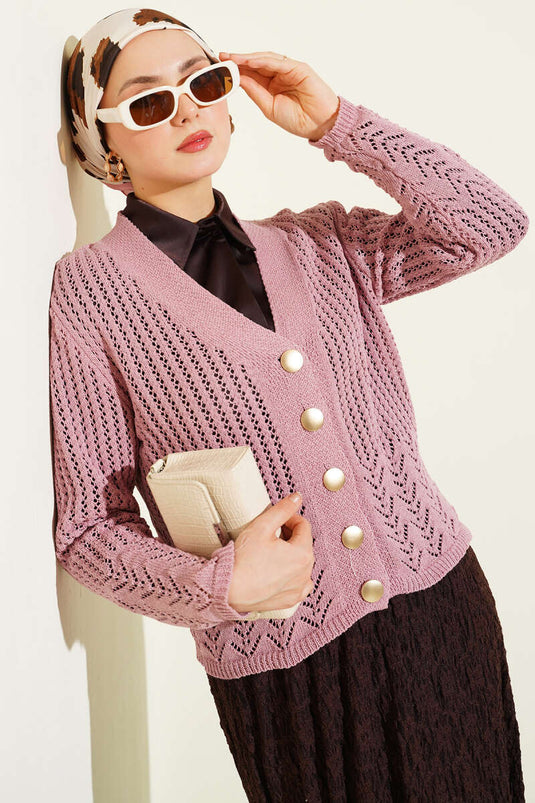 Gold Buttoned Openwork Short Knit Cardigan Galibarda