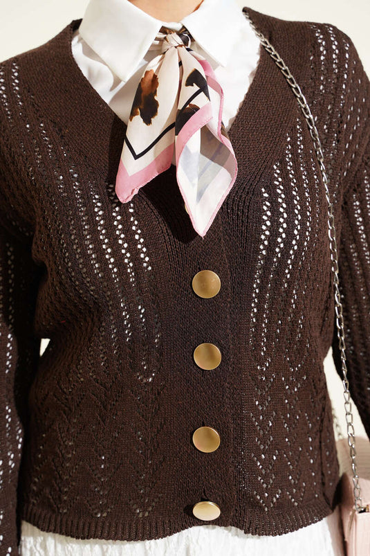 Gold Buttoned Openwork Short Knit Cardigan Brown