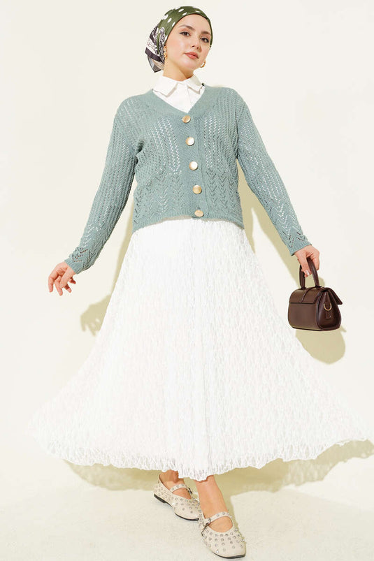 Short Knit Cardigan with Gold Buttons and Openwork Pattern Mint