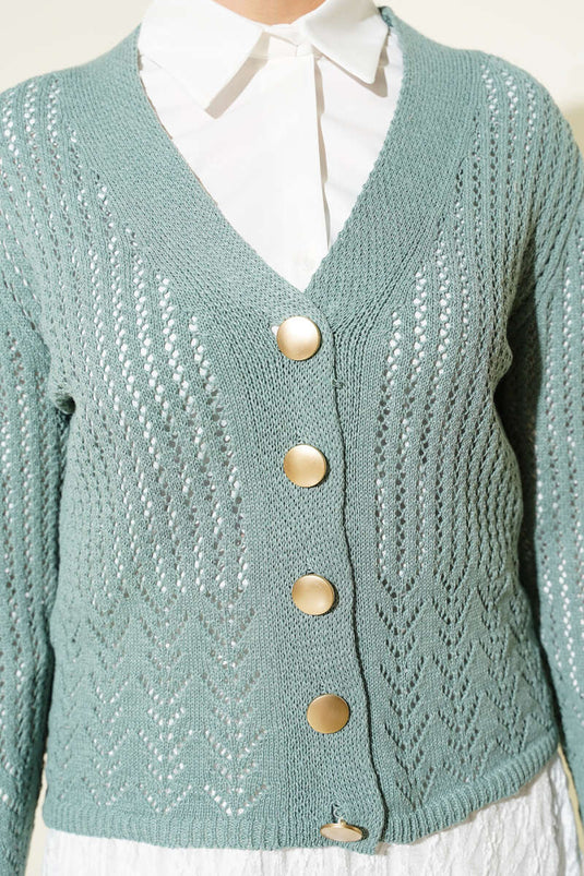 Short Knit Cardigan with Gold Buttons and Openwork Pattern Mint