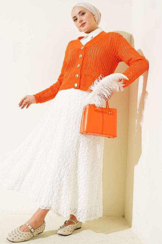 كارديغان قصير محبوك مزخرف بأزرار ذهبية برتقالي