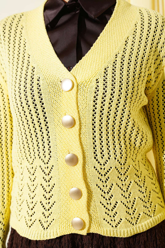 Cardigan court en tricot ajouré jaune avec boutons dorés