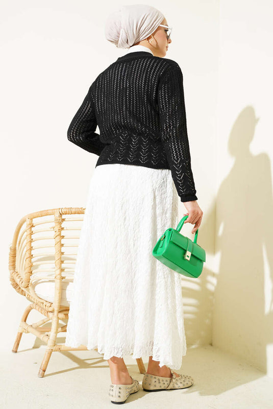 Black Short Knit Cardigan with Gold Buttons and Openwork Pattern