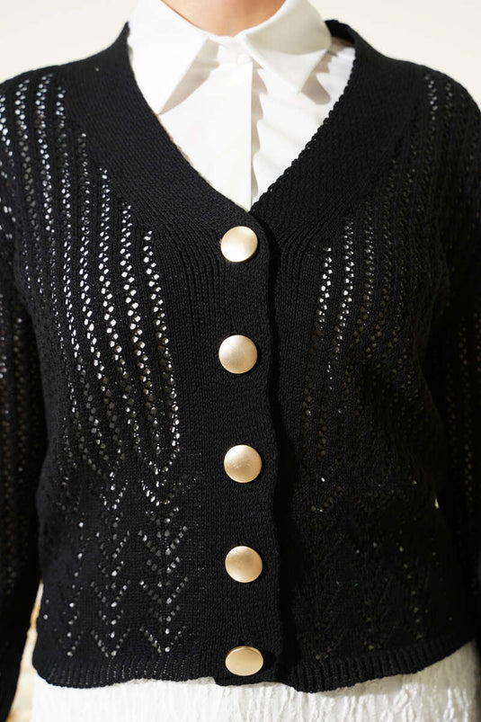 Black Short Knit Cardigan with Gold Buttons and Openwork Pattern