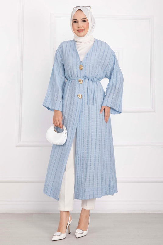 Gold Düğmeli Bağcıklı Uzun Kimono Bebe Mavisi