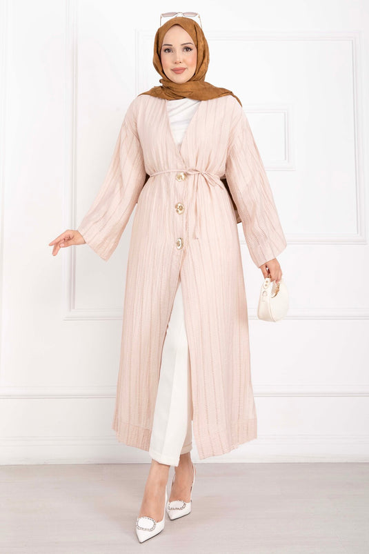 Gold Düğmeli Bağcıklı Uzun Kimono Bej