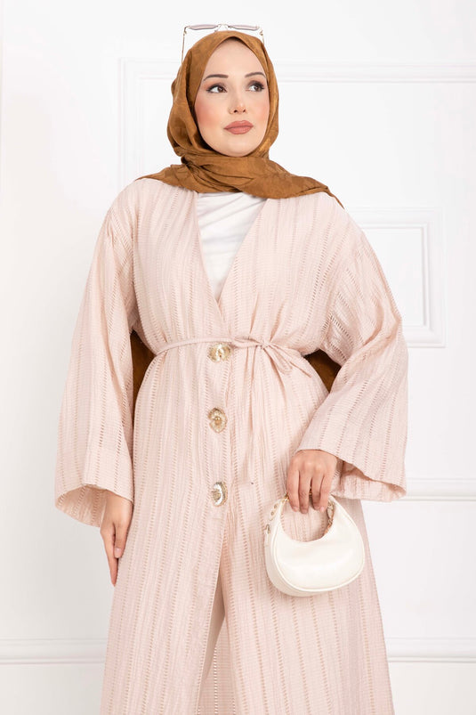 Gold Düğmeli Bağcıklı Uzun Kimono Bej