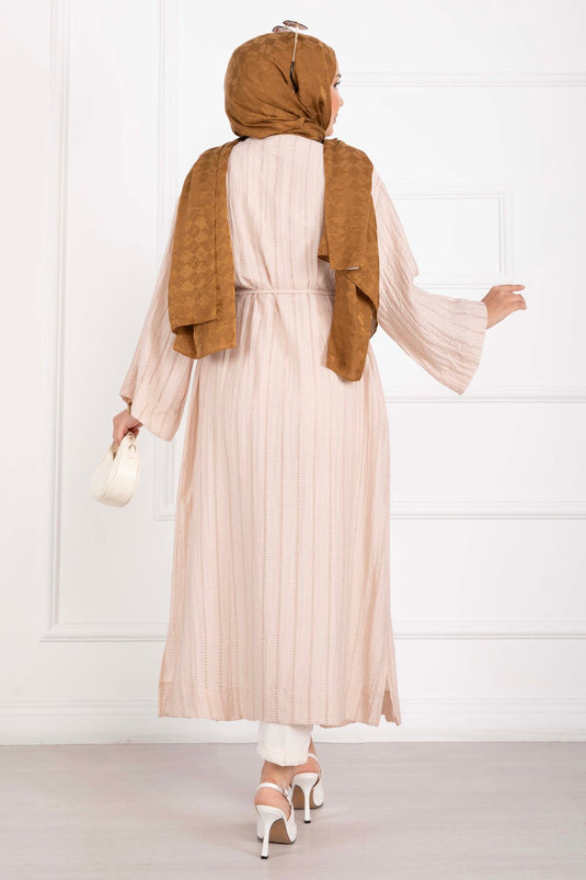 Gold Düğmeli Bağcıklı Uzun Kimono Bej