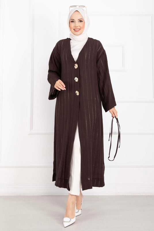 Gold Düğmeli Bağcıklı Uzun Kimono Kahve