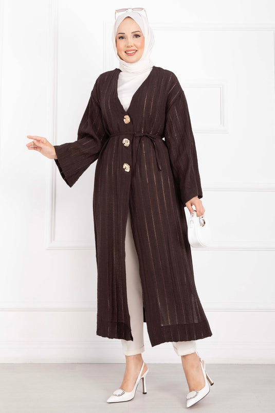 Gold Düğmeli Bağcıklı Uzun Kimono Kahve