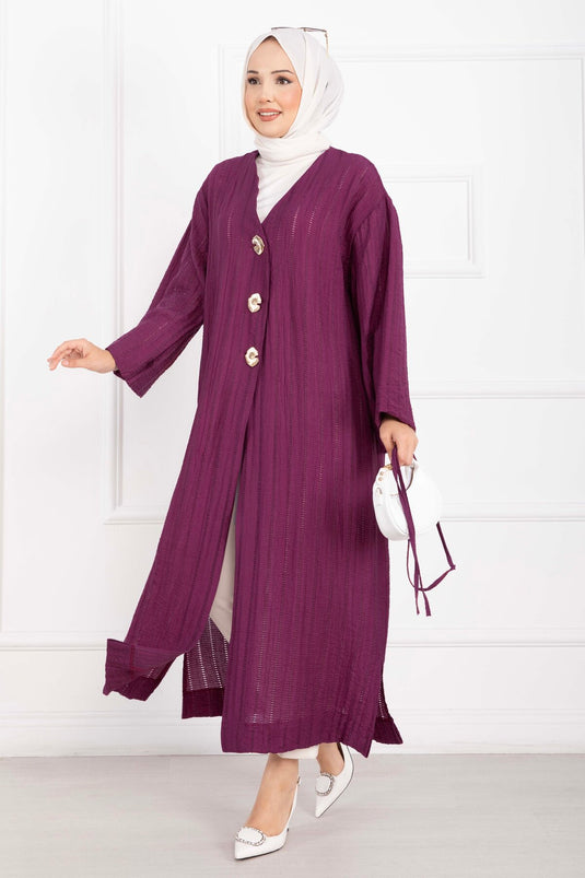Gold Düğmeli Bağcıklı Uzun Kimono Mürdüm