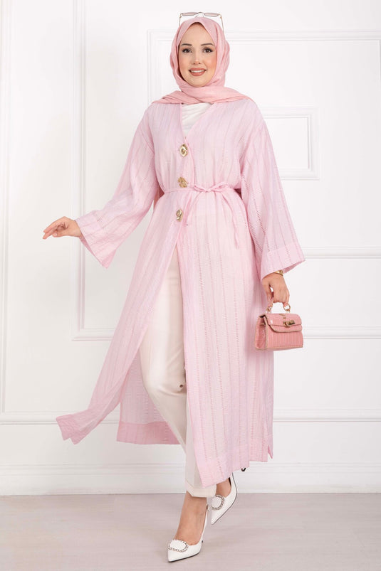 Gold Düğmeli Bağcıklı Uzun Kimono Pembe