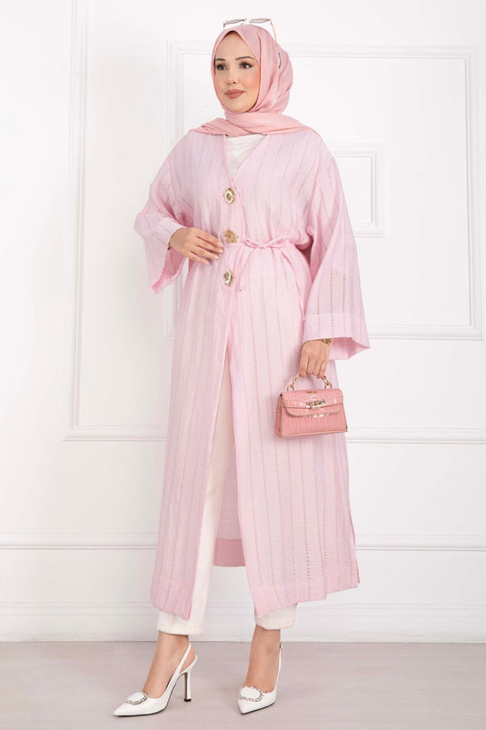 Gold Düğmeli Bağcıklı Uzun Kimono Pembe