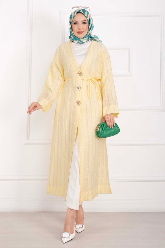 Gold Düğmeli Bağcıklı Uzun Kimono Sarı