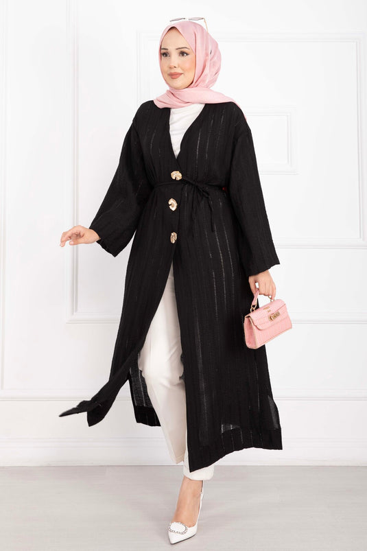 Gold Düğmeli Bağcıklı Uzun Kimono Siyah