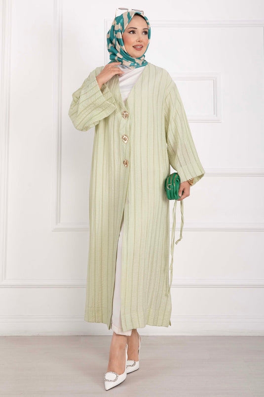 Gold Düğmeli Bağcıklı Uzun Kimono Yeşil Olive