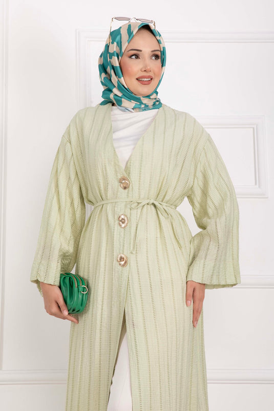 Gold Düğmeli Bağcıklı Uzun Kimono Yeşil Olive