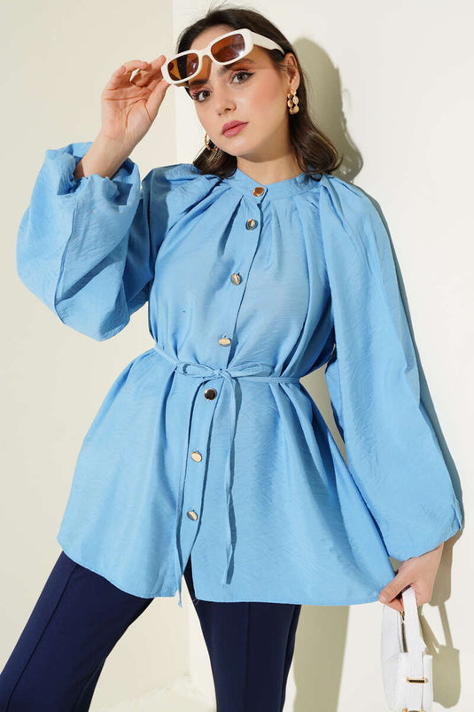 Chemise à manches ballon boutonnée dorée bleue