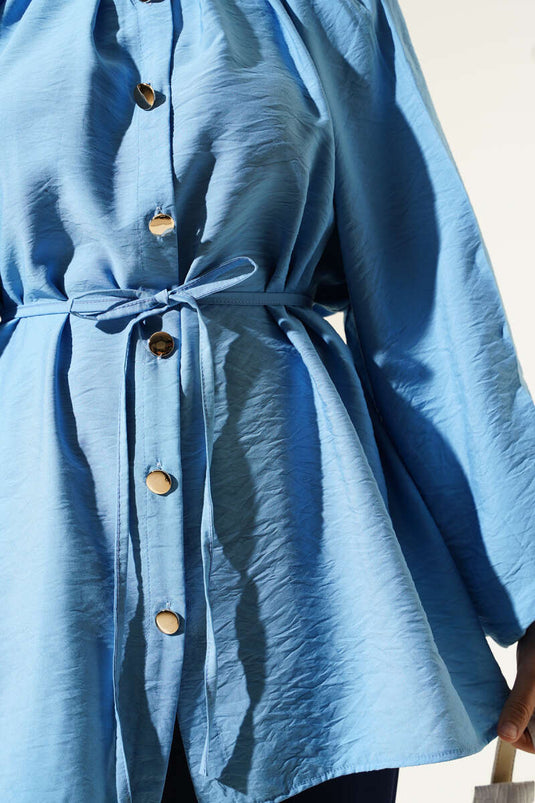 Chemise à manches ballon boutonnée dorée bleue